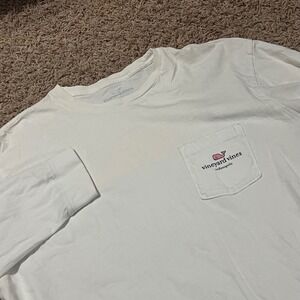 Vineyard Vines White Long Sleeve Pocket Tee with Pink Whale Logo